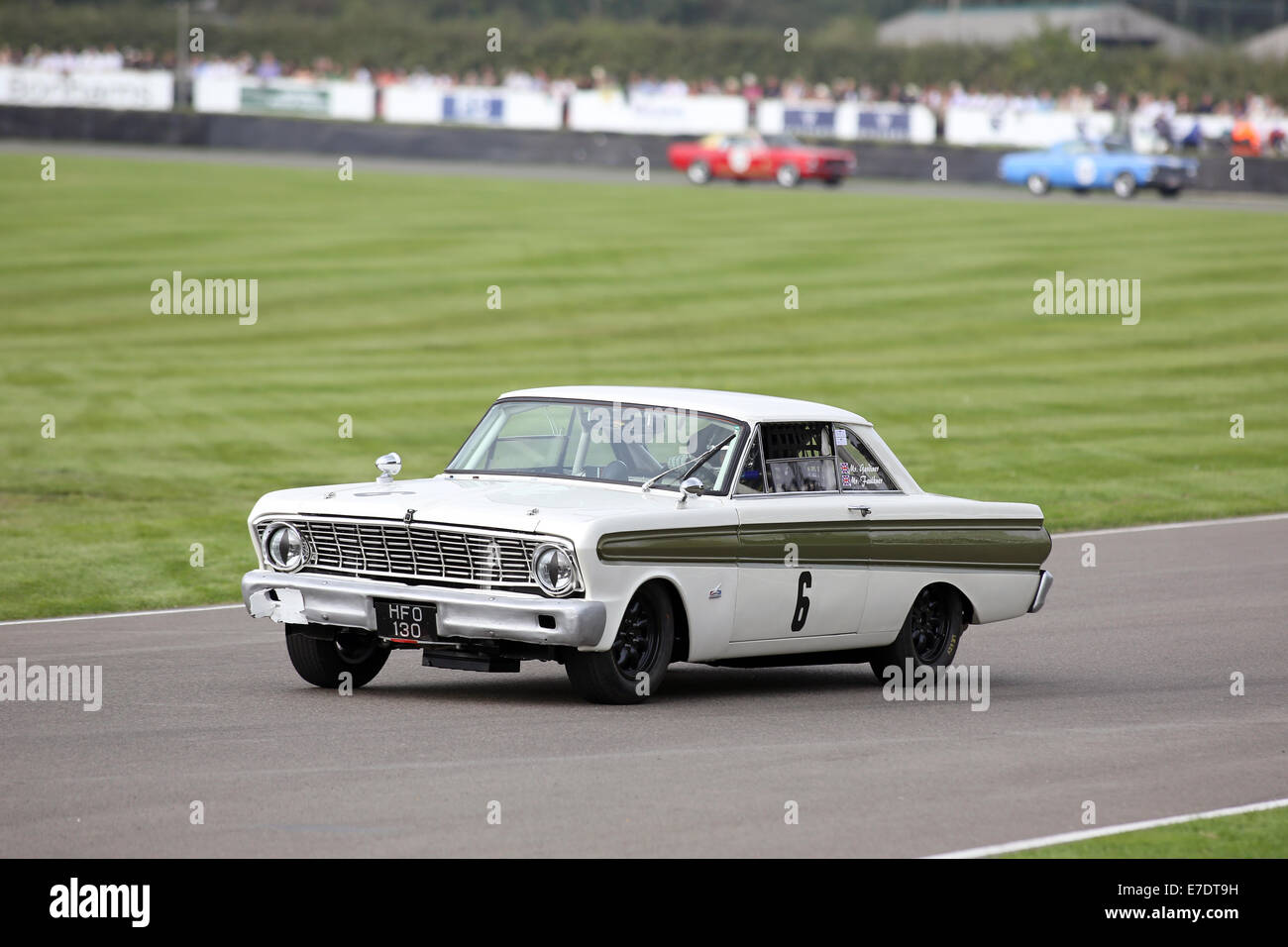 Chichester, West Sussex, UK. 13th Sep, 2014. Pictures from the Goodwood Revival 2014 - The Shelby Cup - A race for saloon cars powered by small-block V8 engines on the 60th anniversary of the small-block V8 engine. A large number of Ford Mustangs mariking the car's 50th anniversary took on other American classics such as Ford Falcon, Plymouth Barracuda, Mercury Comet Cyclone and Dodge Dart. Picture shows: Mike Gardiner driving a 1965 Ford Falcon Spirit Credit:  Oliver Dixon/Alamy Live News Stock Photo