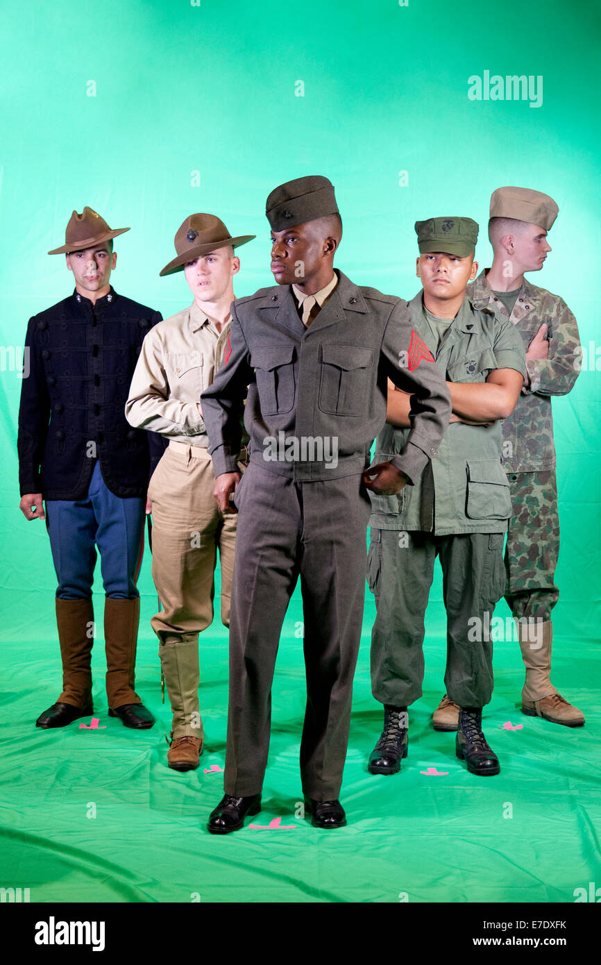 Male US Marines wear historic uniforms as they participate in the