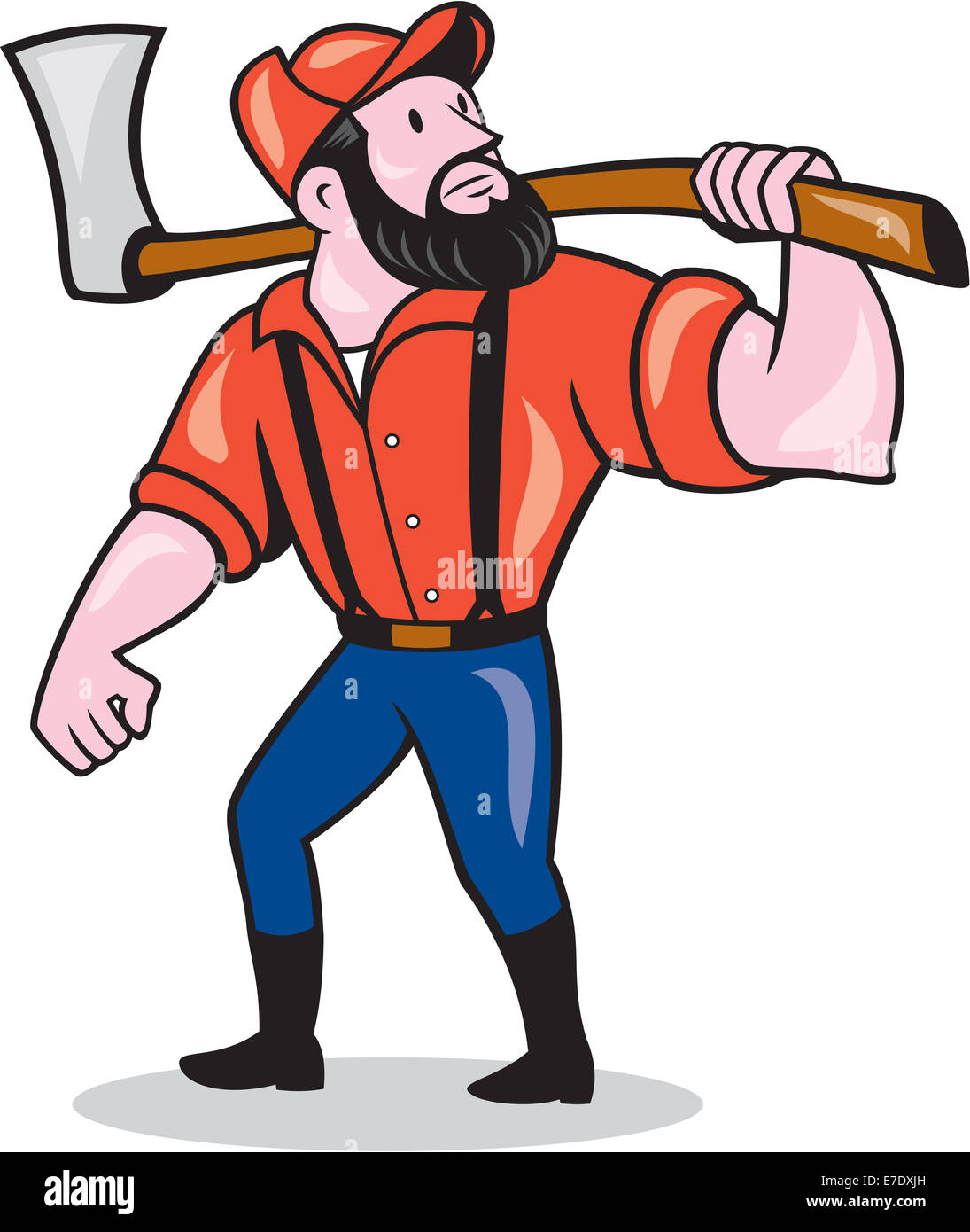 Illustration of a lumberjack sawyer forester standing holding an axe on shoulder looking up to side on isolated white background done in cartoon style. Stock Photo