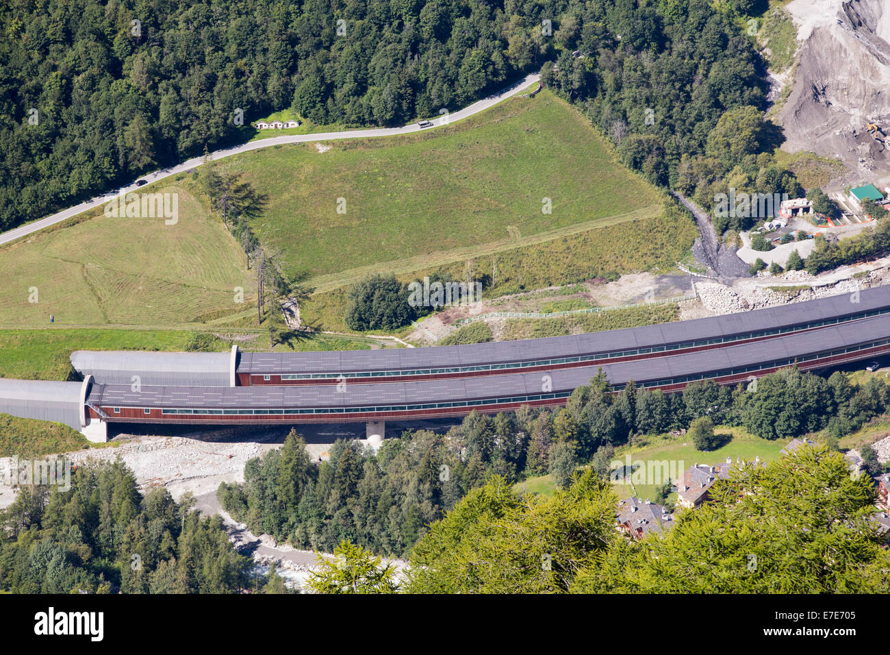 The entrance to the Mont Blanc tunnel at Entreves on the Italian side, above Courmayeur. Stock Photo