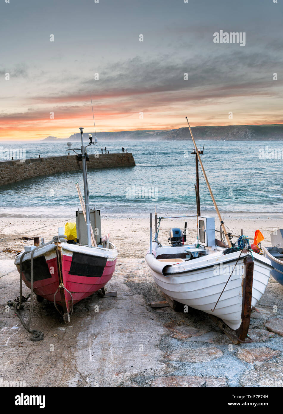 Fishing boats on the beach at Sennen Cove near Land's End in Cornwall ...