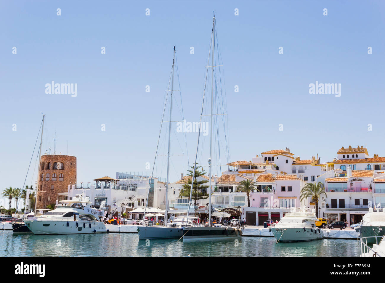 Marbella, Malaga Province, Costa del Sol, Spain.   Puerto Jose Banus.   Yachts at anchor in port Stock Photo