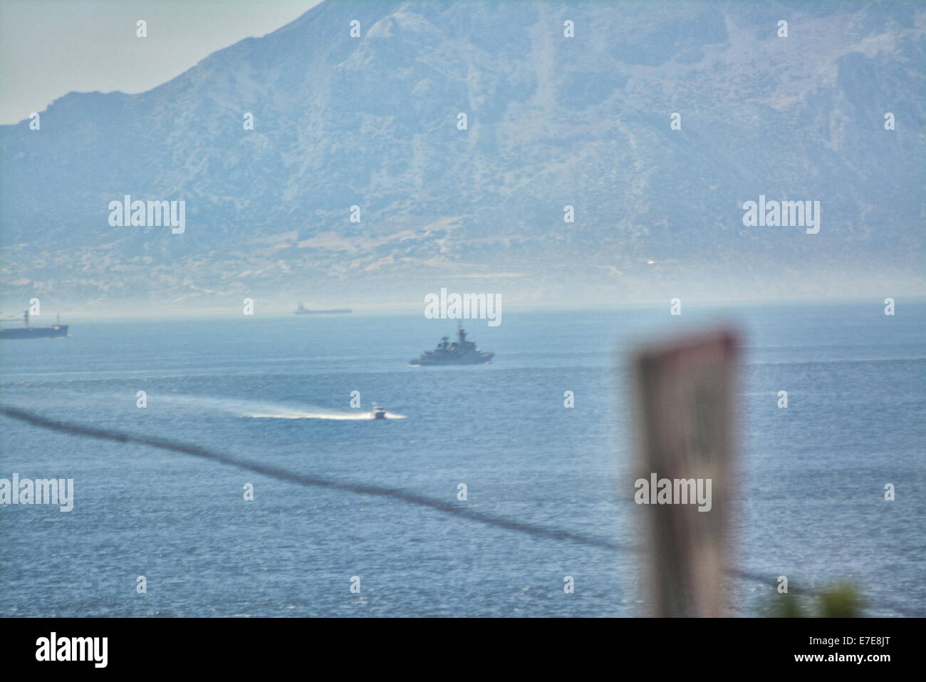 Gibraltar. 15th Sep, 2014. A Spanish naval frigate made an  unauthorised incursion into British Gibraltar Territorial waters off Europa Point Gibraltar. The Spanish warship was confronted by British Royal Navy patrol vessels which escorted the Spanish vessel out into international waters where it remained patrolling the Strait of Gibraltar. The incident comes after the British Government have demanded Spanish naval vessels stop incurisons into Gibraltar waters Credit:  Stephen Ignacio/Alamy Live News Stock Photo