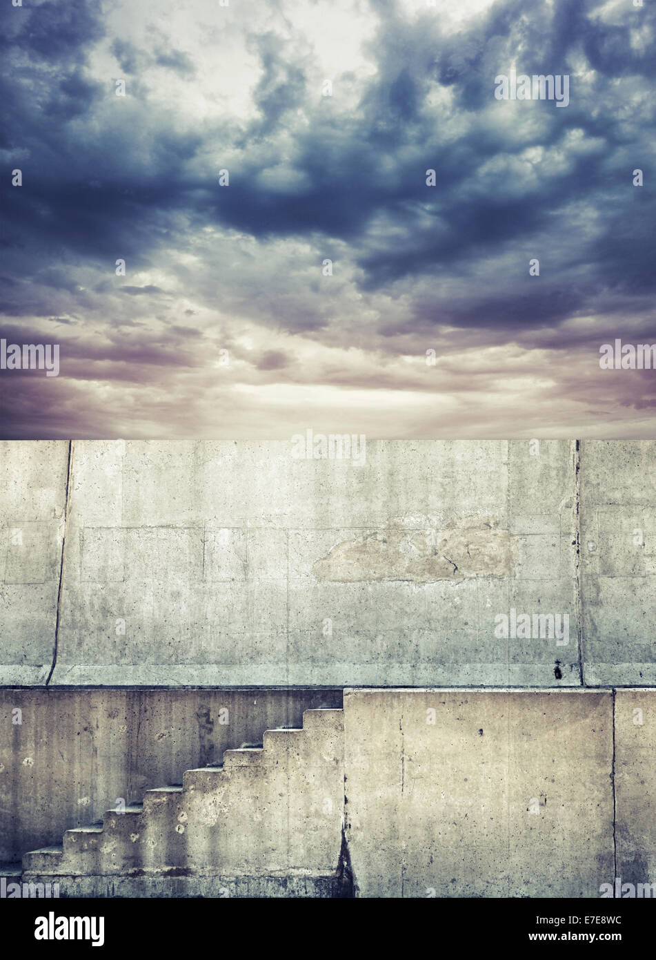 Photo background with concrete stairway and dark cloudy sky Stock Photo