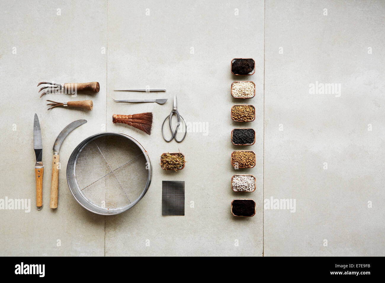 Bonsai repotting tools, and soils Stock Photo Alamy