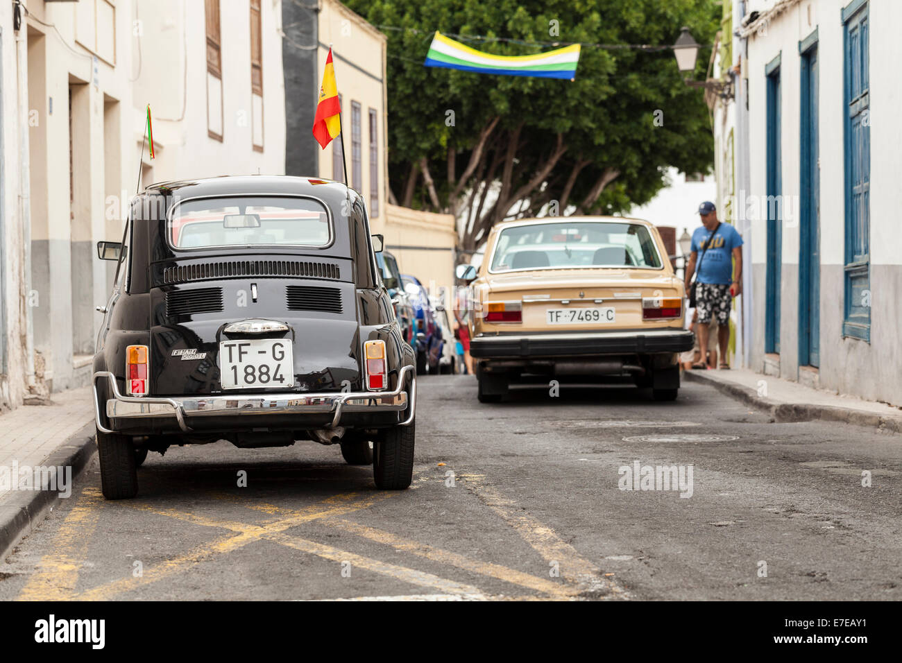 Black Fiat 500 parked up in a display of vintage cars at Guia de Isora, Tenerife, Canary Islands, Spain. Stock Photo