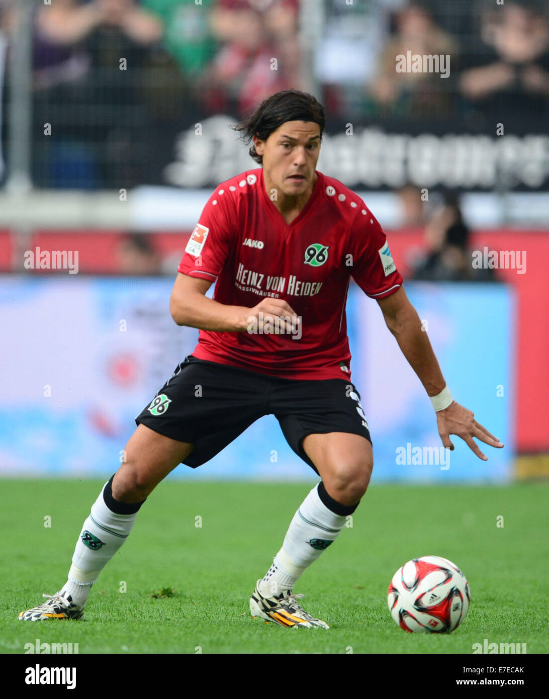 Hanover, Germany. 14th Sep, 2014. Hanover's Miiko Albornoz controls the ball during the Bundesliga soccer match between Hannover 96 and Hamburger SV in Hanover, Germany, 14 September 2014. Photo: Peter Steffen/dpa/Alamy Live News Stock Photo