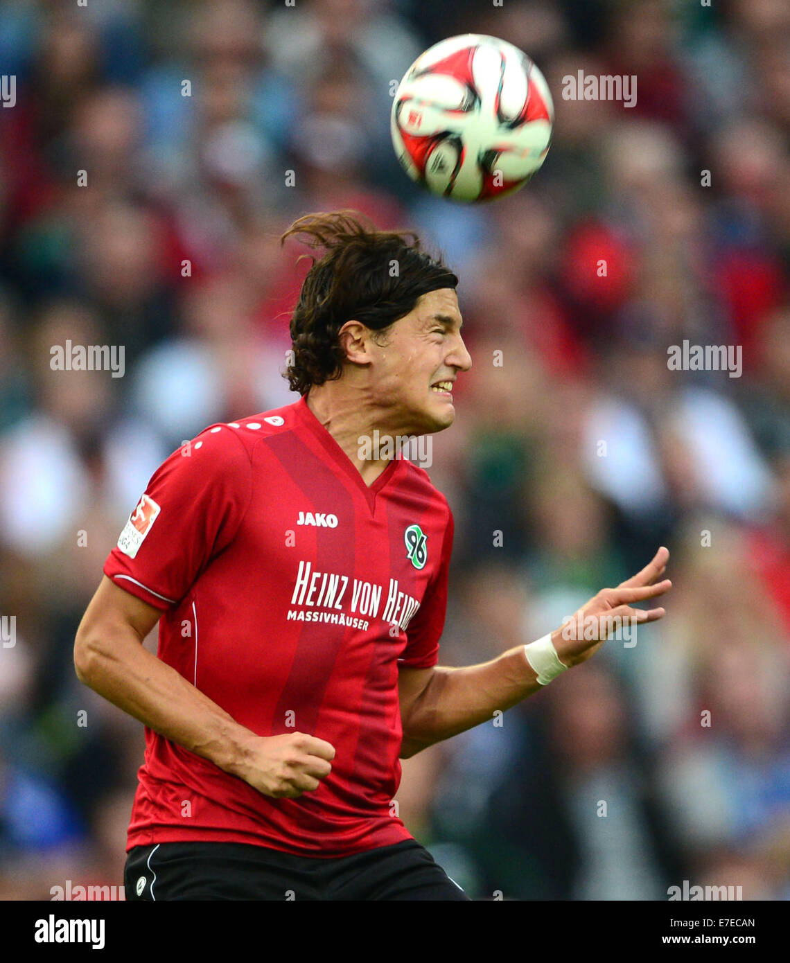 Hanover, Germany. 14th Sep, 2014. Hanover's Miiko Albornoz controls the ball during the Bundesliga soccer match between Hannover 96 and Hamburger SV in Hanover, Germany, 14 September 2014. Photo: Peter Steffen/dpa/Alamy Live News Stock Photo