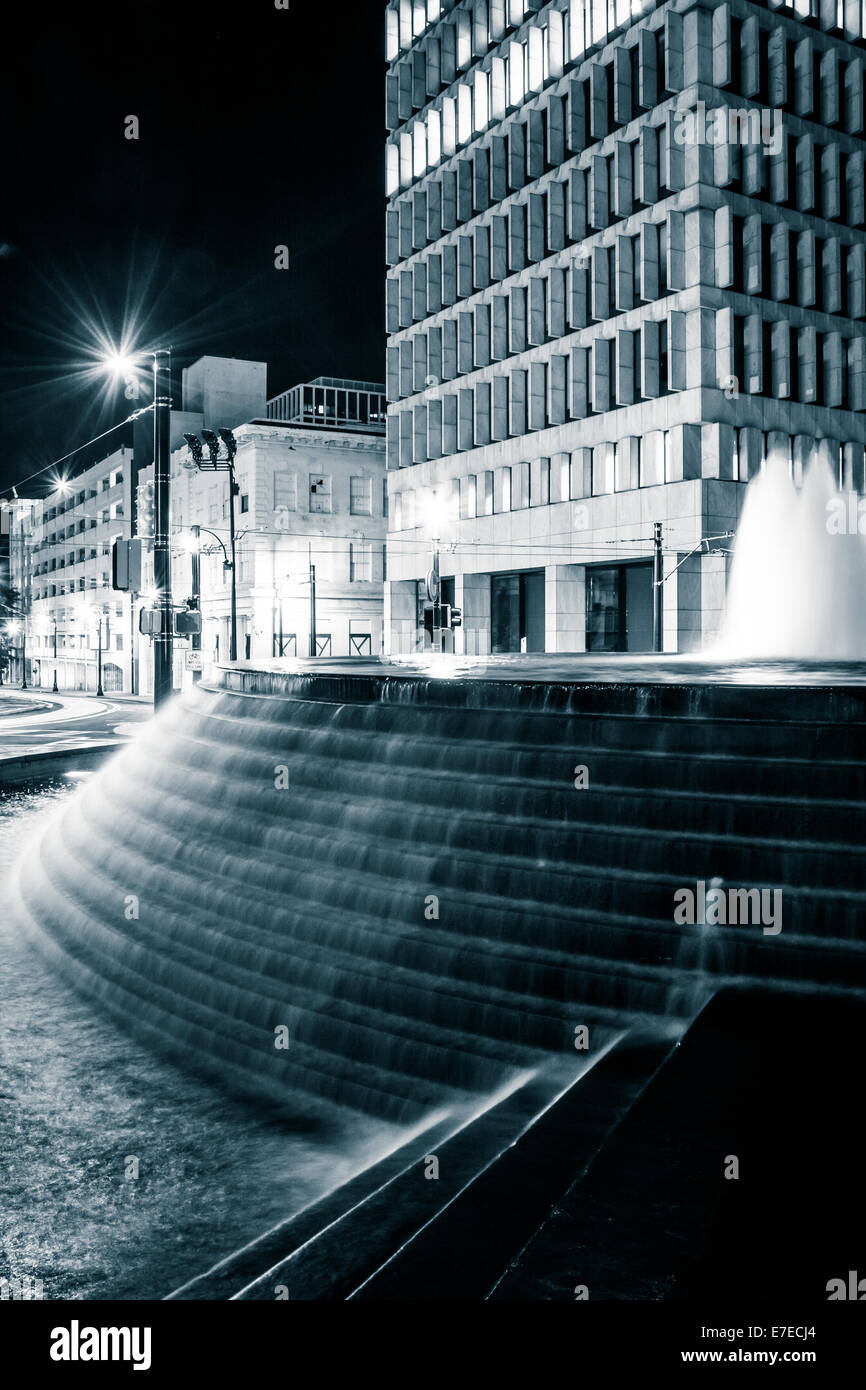 Fountains and buildings at night at Woodruff Park in downtown Atlanta