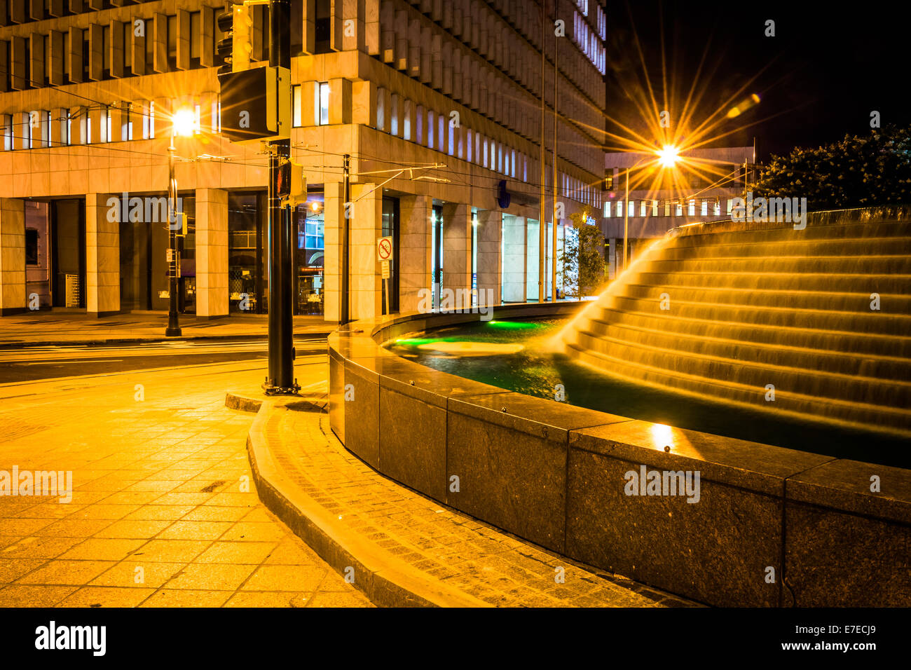 Fountains and buildings at night at Woodruff Park in downtown Atlanta