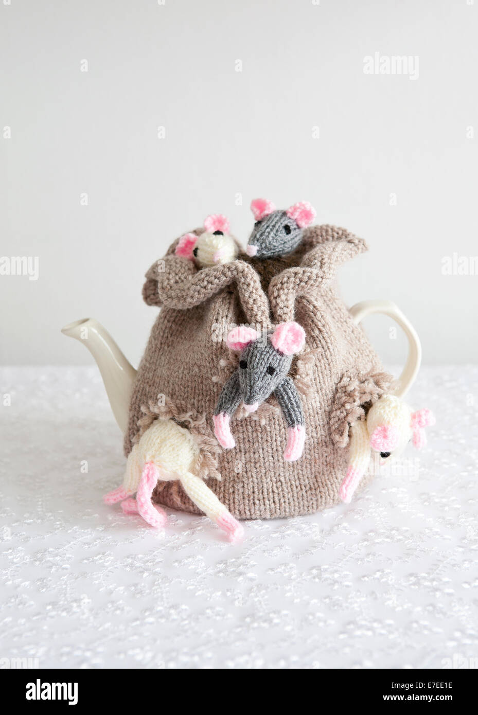 Vintage style hand-knitted tea cosy in the form of a Sack of Mice Stock Photo