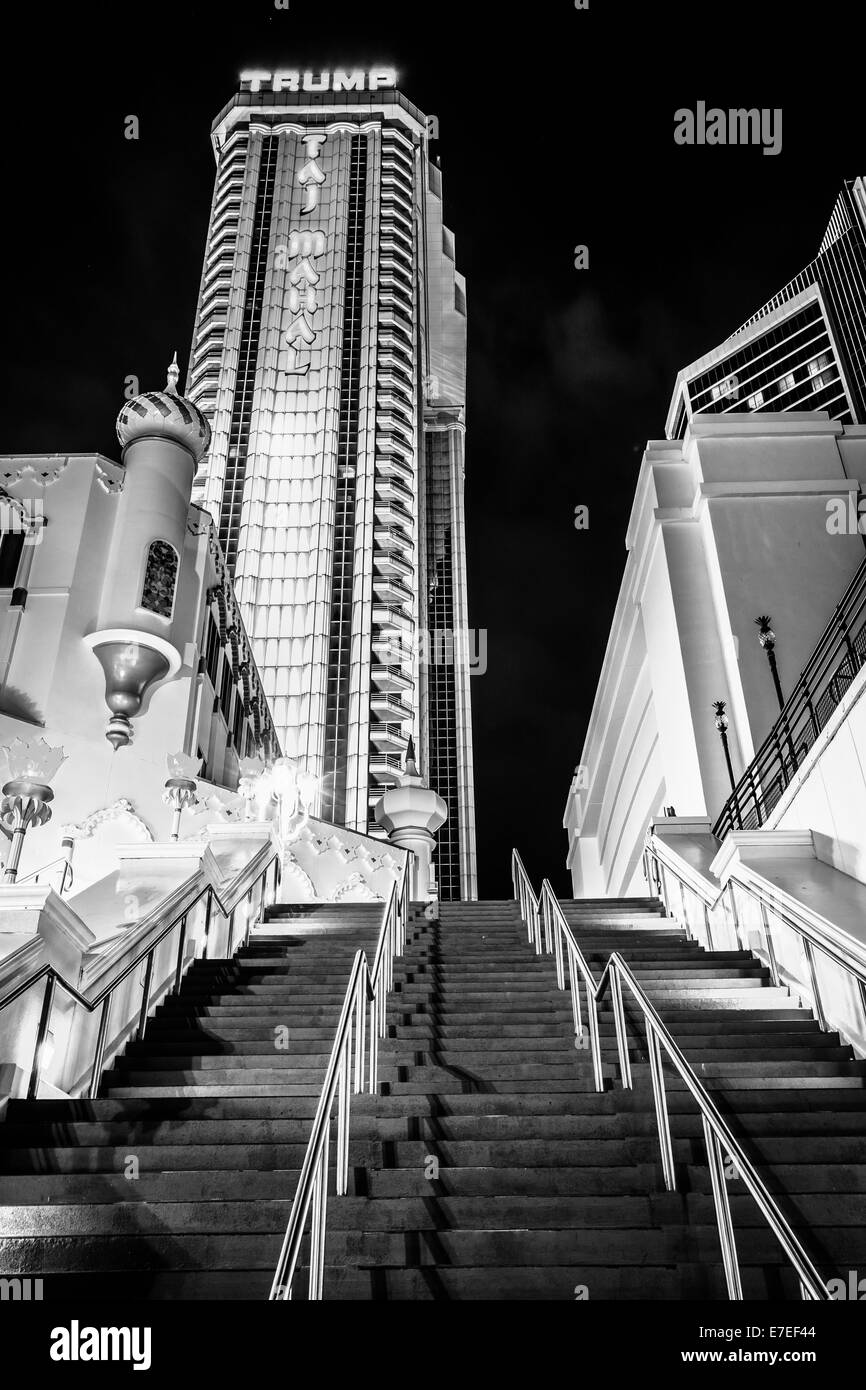 Stairs and the Trump Taj Mahal at night in Atlantic City, New Jersey. Stock Photo