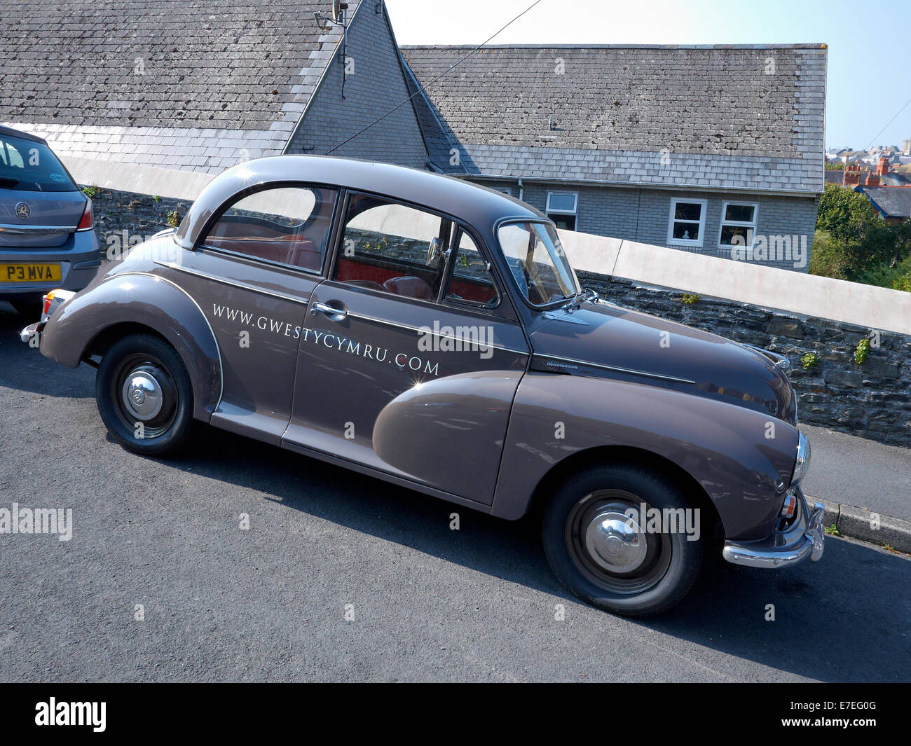 Hotel advert on Morris minor car in Aberystwyth Ceredion Wales UK Stock