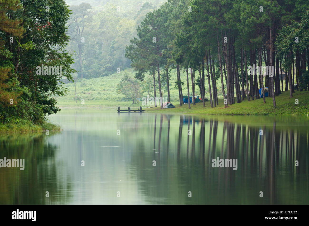 Morning atmosphere campsite on a lake in the pine forest at Pang Ung national park of Mae Hong Son province, Thailand Stock Photo