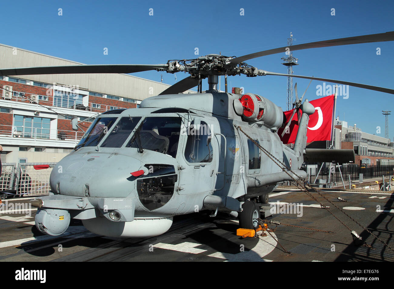 Helicopter on board of Turkish F-490 frigate Stock Photo