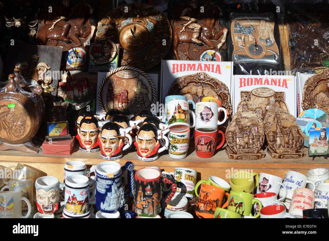 Dracula souvenir mugs for sale at Bran Castle in Transylvania Stock