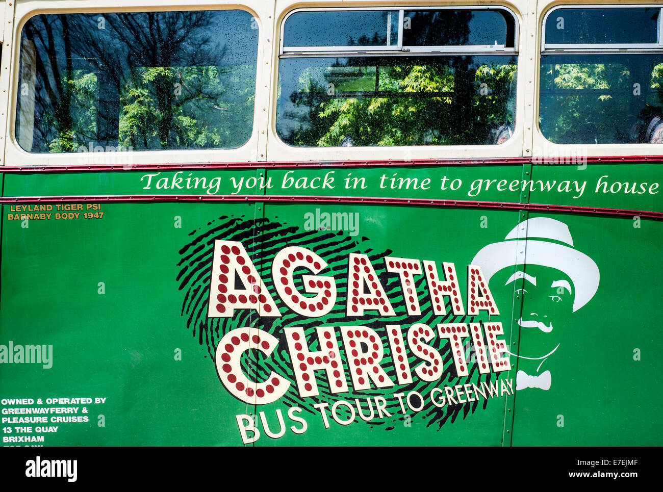 Detail of the vintage Leyland Tiger bus used by visitors to Greenway, former holiday home of Agatha Christie, Devon, England, UK Stock Photo