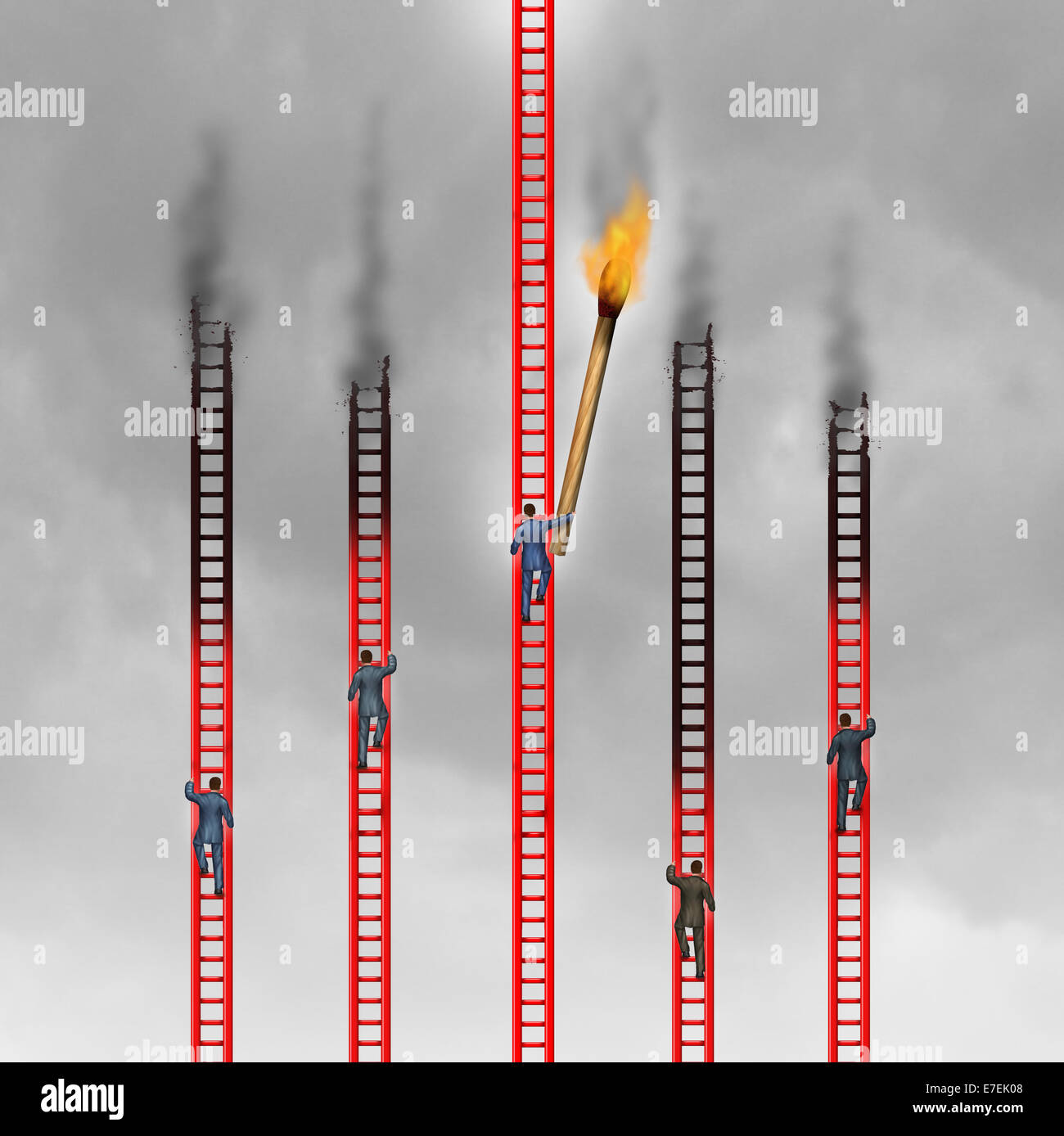 Competition in business concept as a group of business people climbing red ladders competing for the top but one aggressive person as a game changer uses a giant match to stop their path to success. Stock Photo