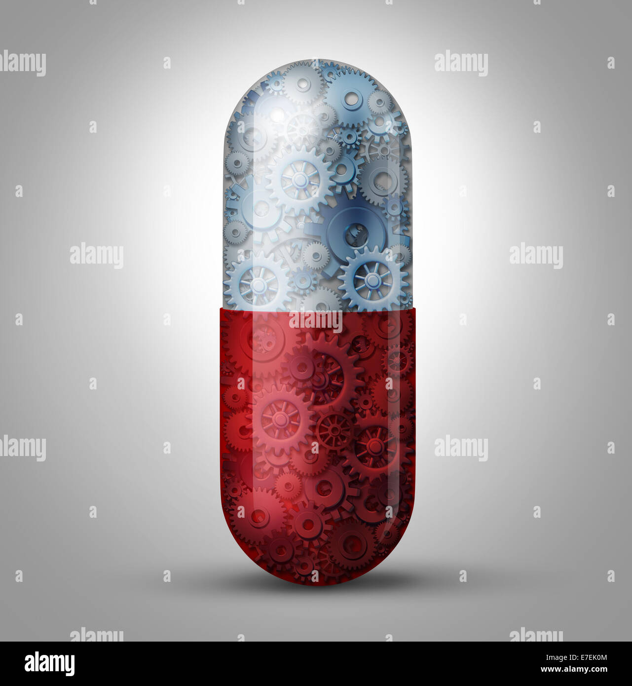 Future of medicine and bioengineering concept as a magic pill capsule with gears and cogs inside as a medical symbol for nano robotic technology curing biological disease and extending human lifespan through innovative science. Stock Photo