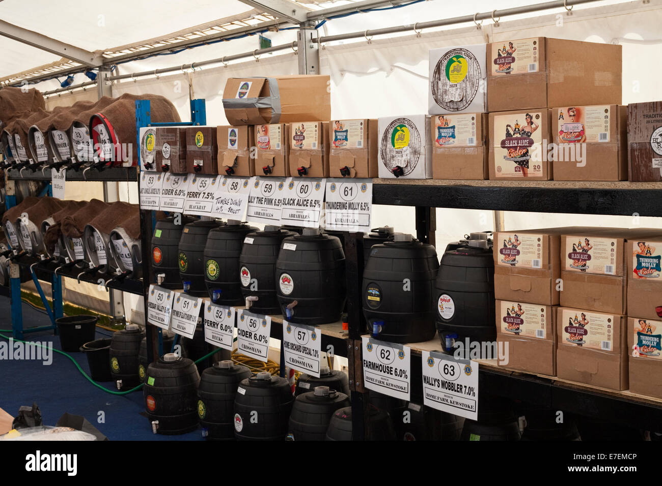 barrels of real ale at a beer and cider festival in a marquee Stock Photo