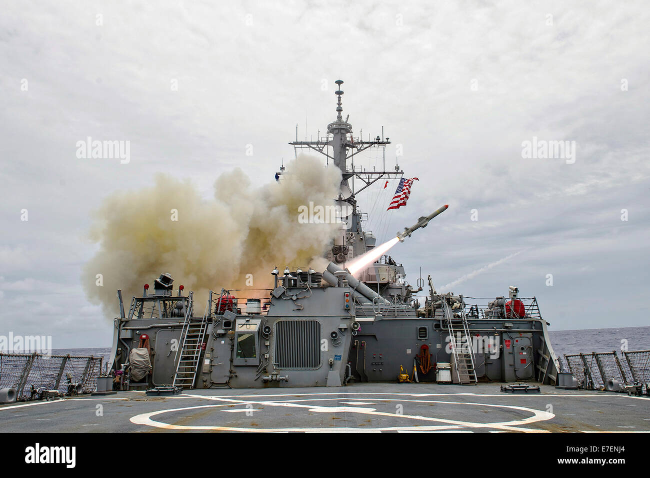 A Harpoon anti-ship missile is launched from the Arleigh-Burke guided-missile destroyer USS Stethem during exercise Valiant Shield 2014 September 15, 2014 off the coast of Guam. Stock Photo