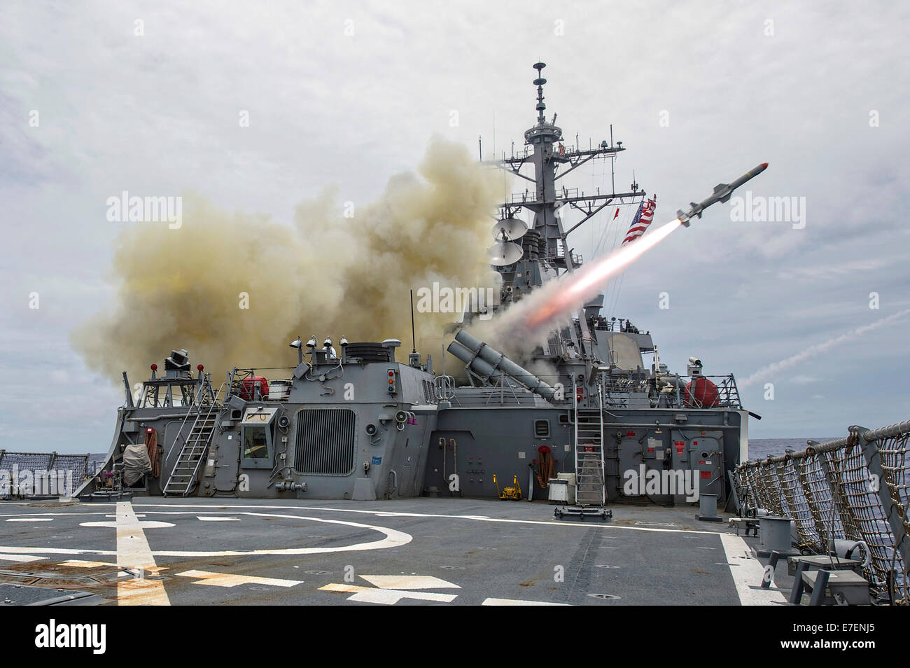 A Harpoon anti-ship missile is launched from the Arleigh-Burke guided-missile destroyer USS Stethem during exercise Valiant Shield 2014 September 15, 2014 off the coast of Guam. Stock Photo