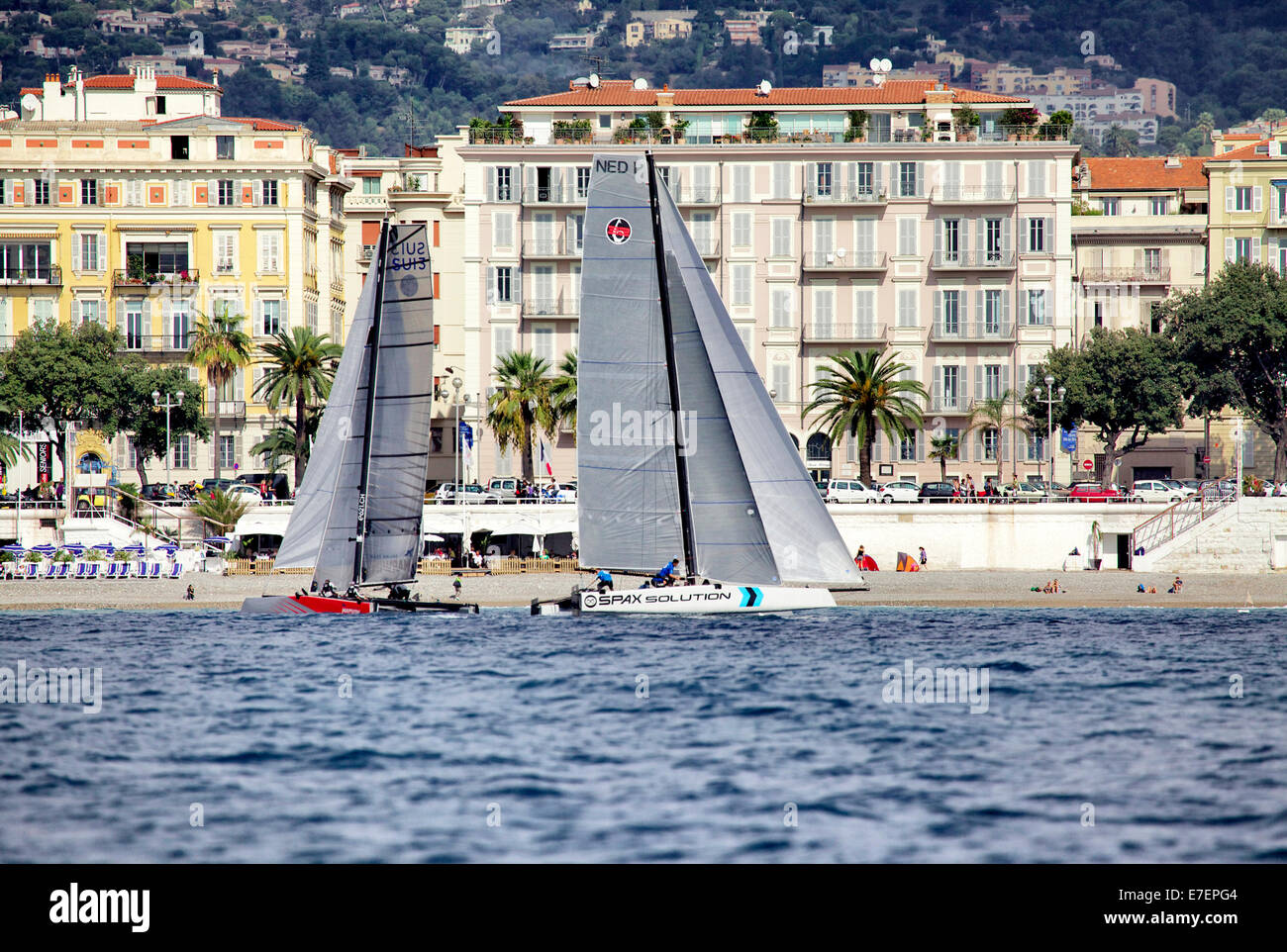 The GC32 is the one design for the Great Cup Racing circuit, at the Extreme Sailing Series, Nice, Alpes-Maritimes, France. Stock Photo