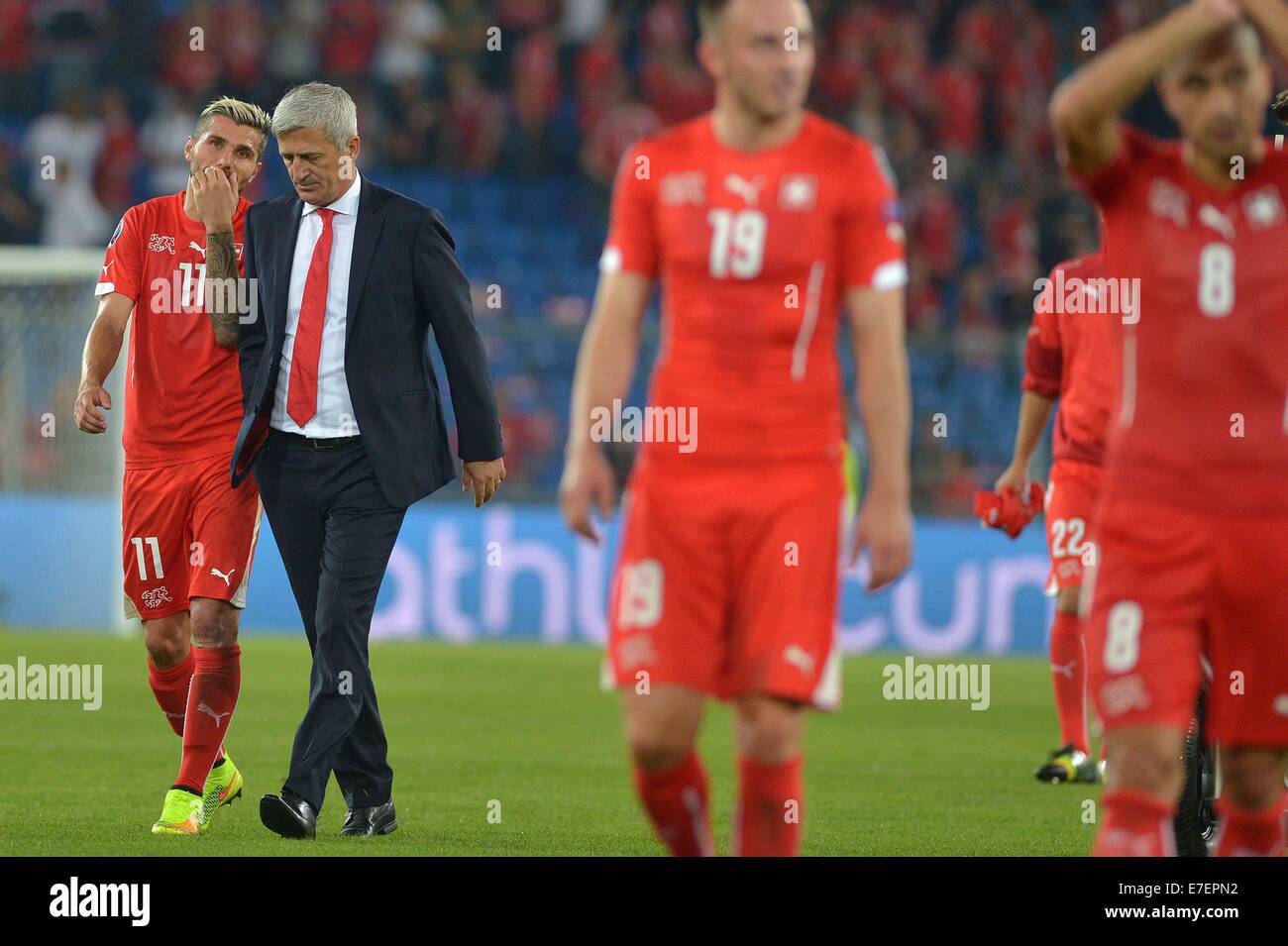 Basel, Switzerland. 08th Sep, 2014. Euro 2016 qualification football. Switzerland versus England. Vladimir Petkovic and Daniel Teuscher walk off the pitch after the game which they lost 0-2 © Action Plus Sports/Alamy Live News Stock Photo