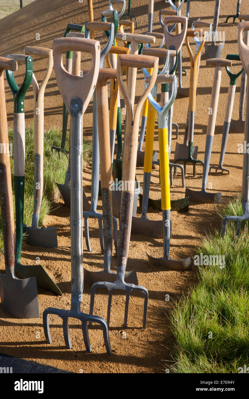 Garden - Sloth - Quarry of Silences - view of garden forks and spades in conceptual garden - Designer - Sheena Stock Photo