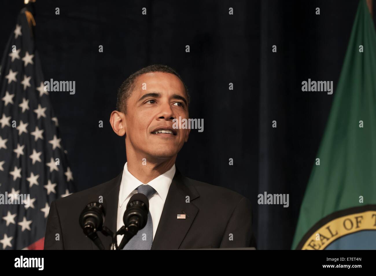 President Barack obama giving a speech at a fundraiser for Senator Patty Murray in Seattle, WA. Stock Photo