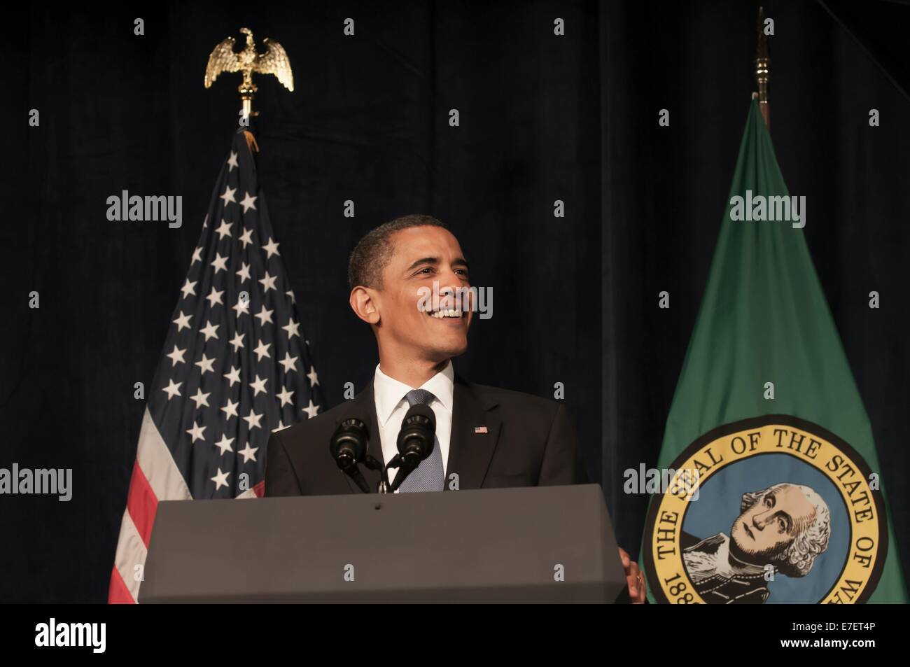 President Barack obama giving a speech at a fundraiser for Senator Patty Murray in Seattle, WA. Stock Photo