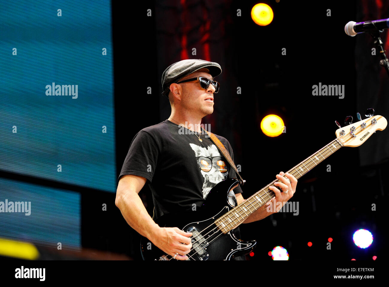 The Bass player for Lukas Nelson and the band 'The promise of the Real' put on a high energy performance at Farm Aid 2014 Stock Photo