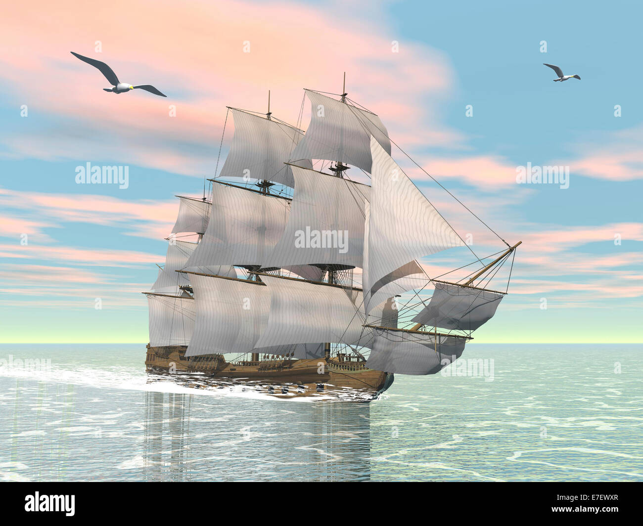 Beautiful old merchant ship sailing in the ocean with seagulls above. Stock Photo