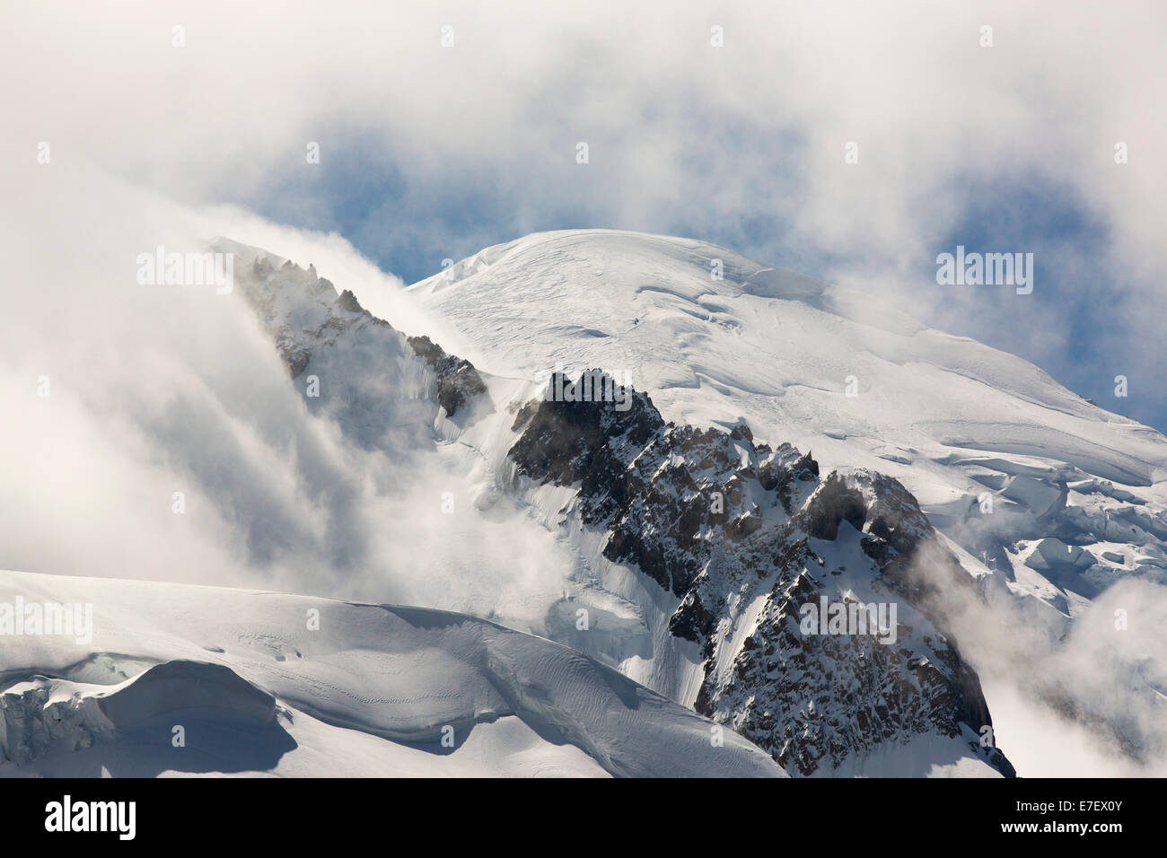 Mont Blanc summit from the Aiguille Du Midi, France, with climbers just ...