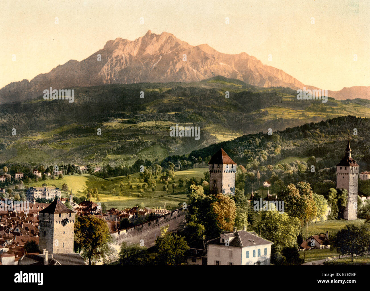 Lucerne, Musegg and Pilatus, Pilatus, Switzerland, circa 1900 Stock Photo