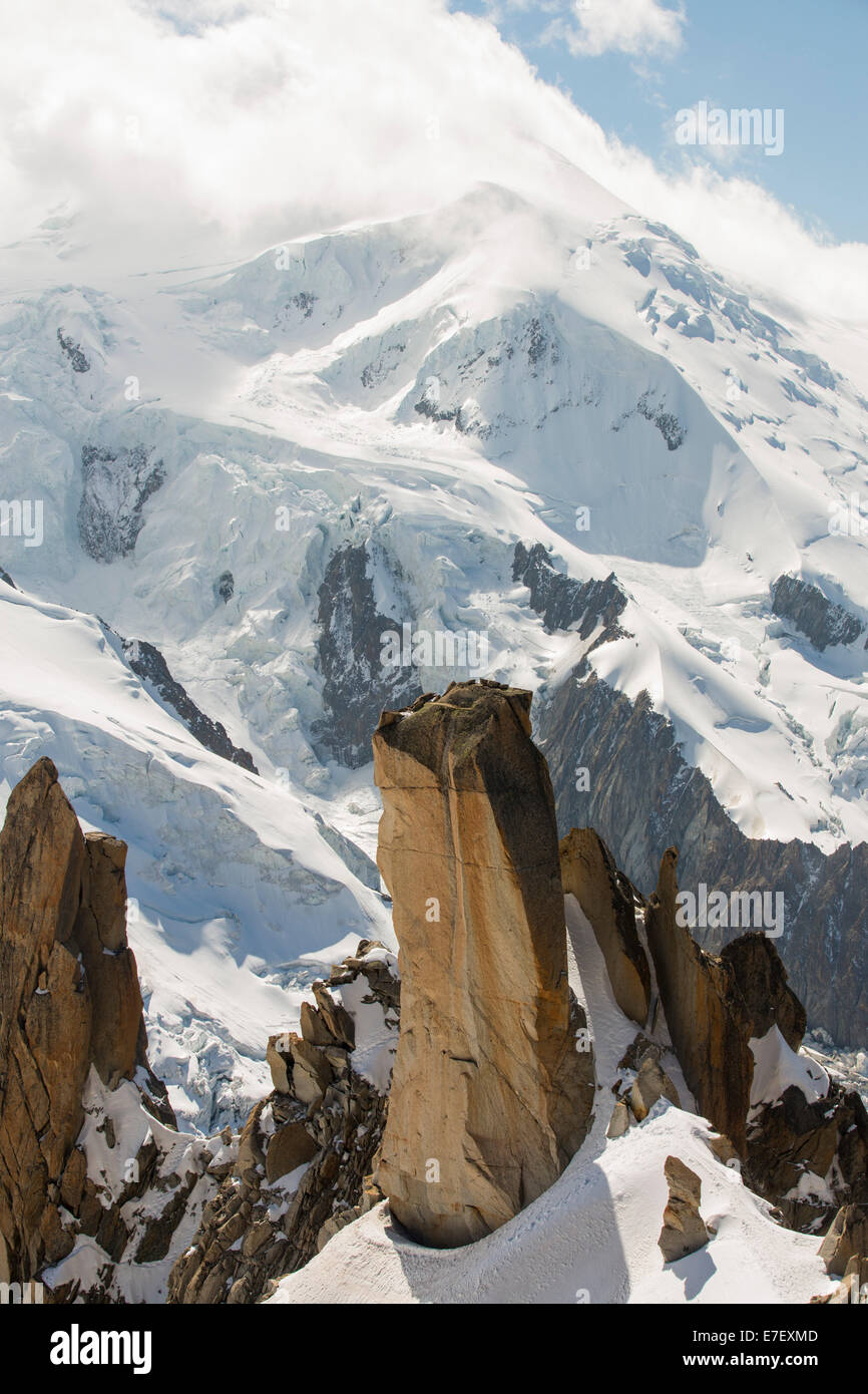 Mont Blanc and the Bossons glacier from the Aiguille Du Midi, France, with the Cosmiques Arete. Stock Photo