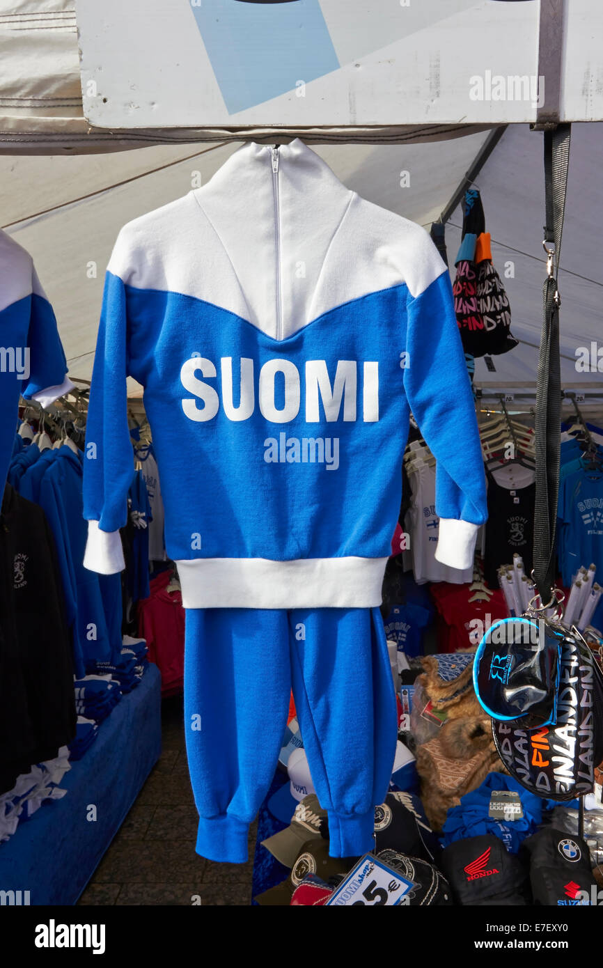 Blue and white sweatsuit for children at a market stall, Finland Stock Photo