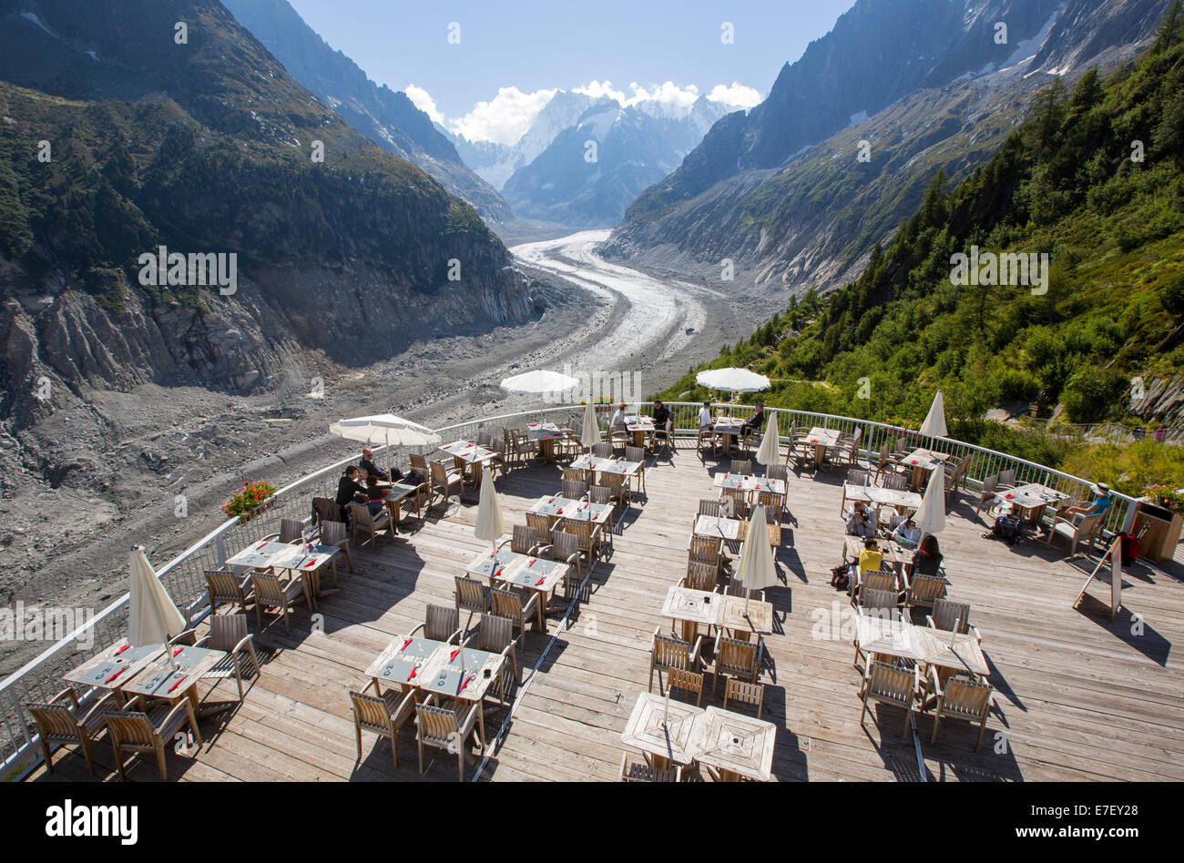 The Mer De Glace which has thinned 150 meters since 1820, and retreated by 2300 Metres, with a balcony cafe overlooking the rapidly shrinking glacier. Stock Photo