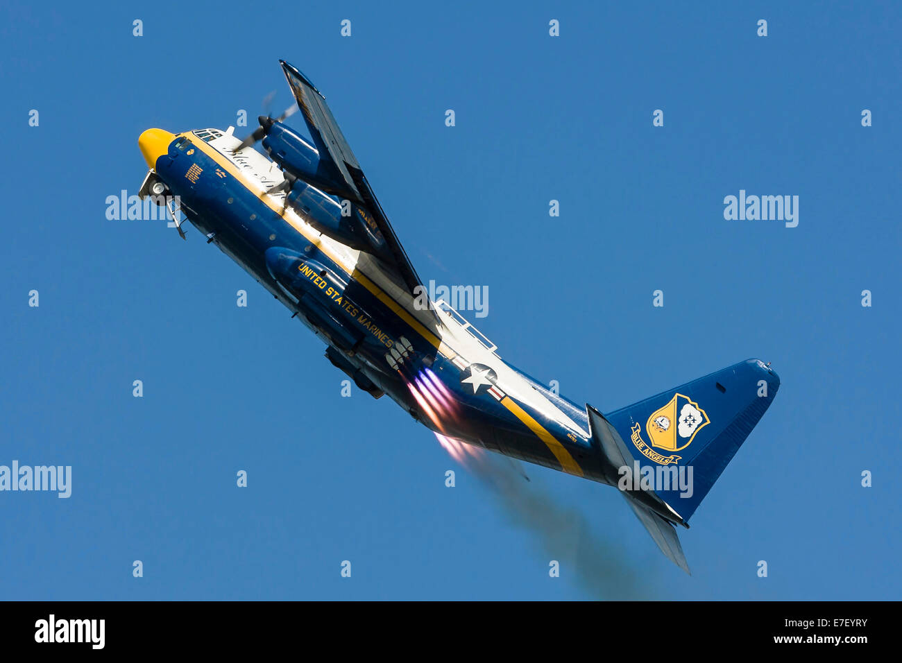 The Blue Angels C-130 Hercules, Fat Albert, performs a JATO takeoff at Andrews Air Force Base, Maryland. Stock Photo