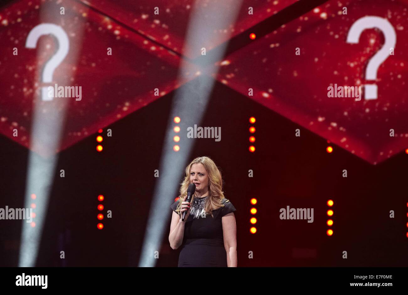 Eurovision Song Contest - 'Unser Song fuer Daenemark' at Lanxess Arena.The winner Trio Elaiza will perform their song 'Is it right' in Kopenhagen on the 10th of may at the ESC 2014.  Featuring: Barbara Schöneberger Where: Cologne, Germany When: 14 Mar 2014 Stock Photo