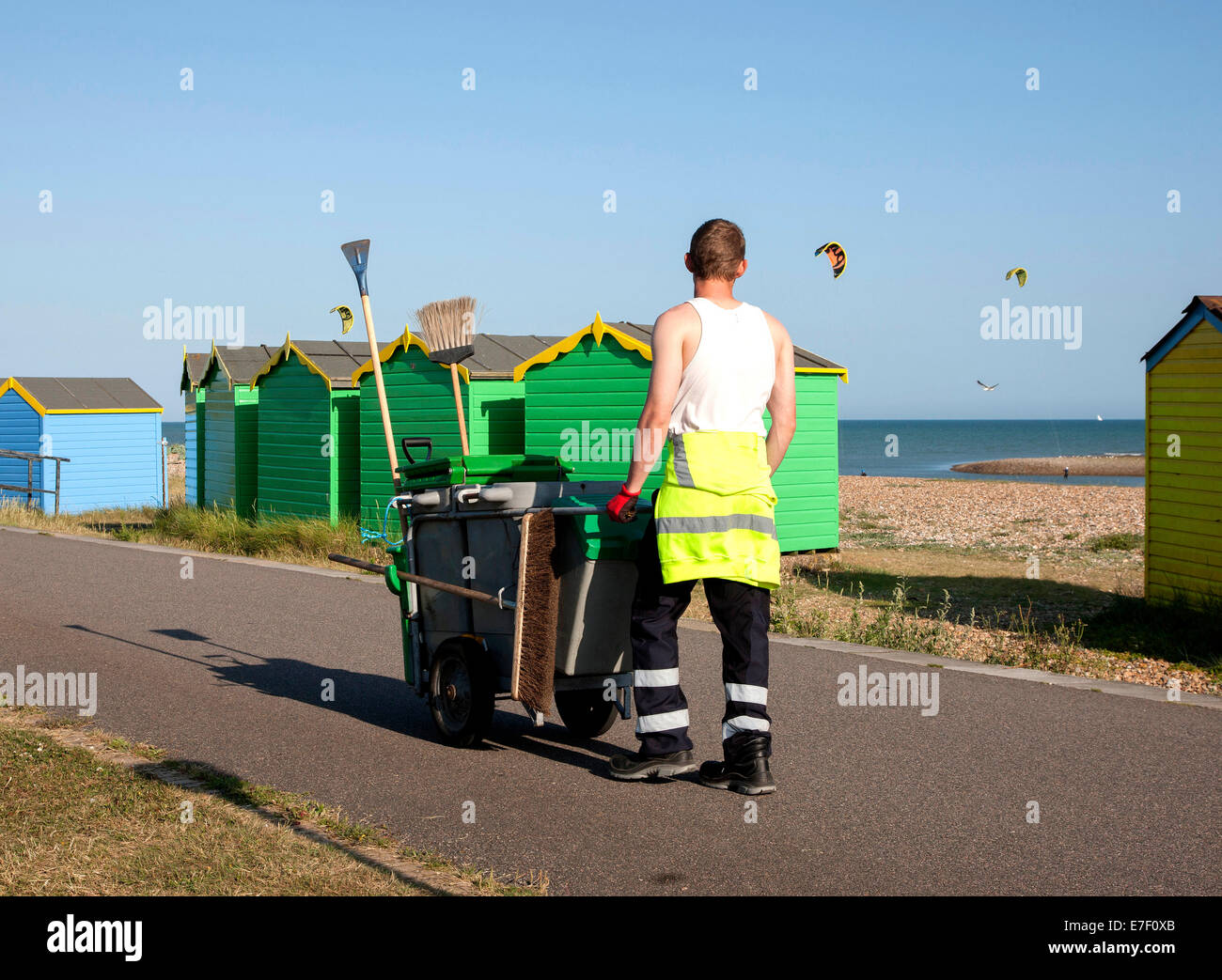 Street sweeper cleaner on the coast at Littlehampton West Sussex