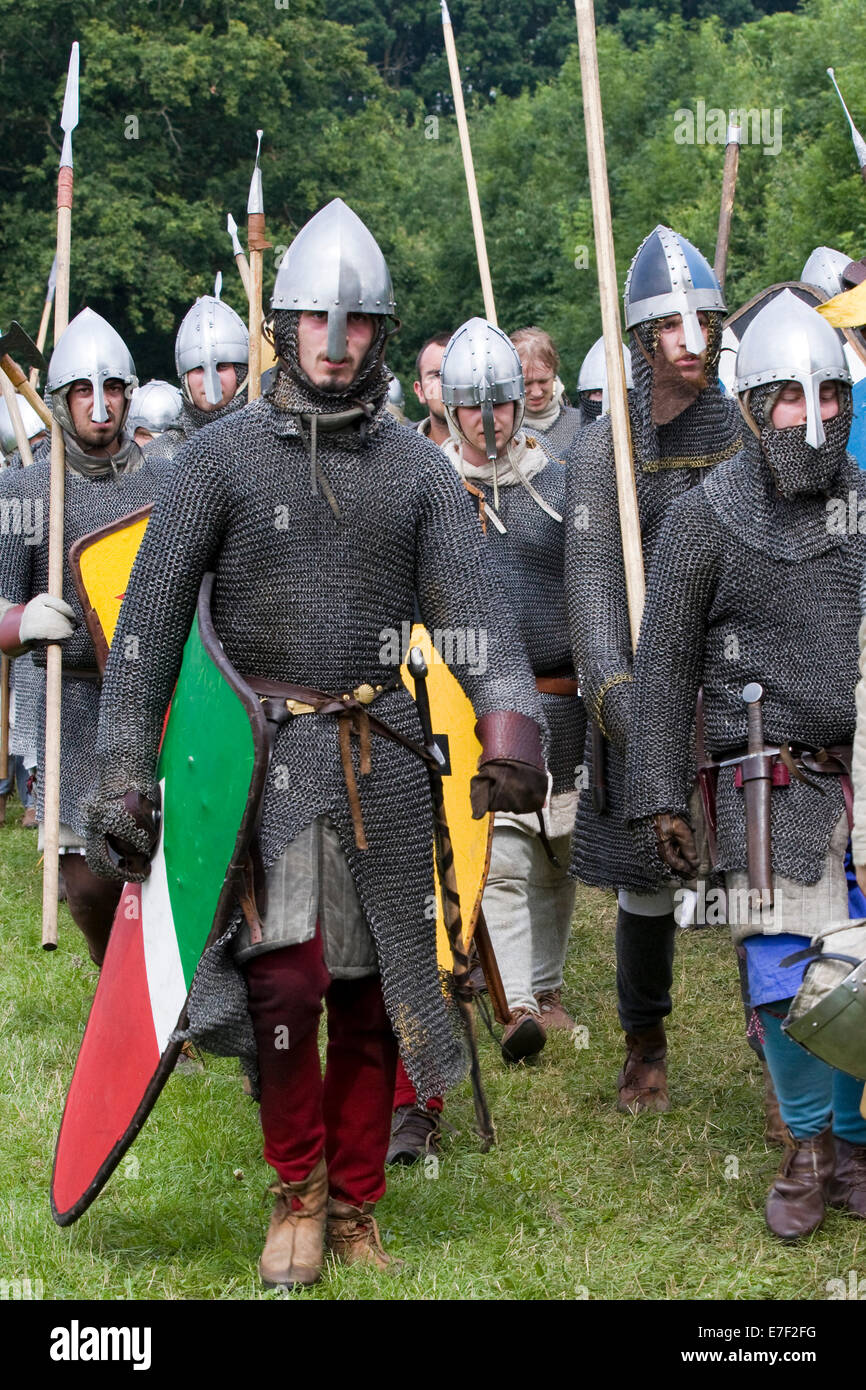 Anglo Saxon soldiers after a battle at a historical reenactment Stock Photo