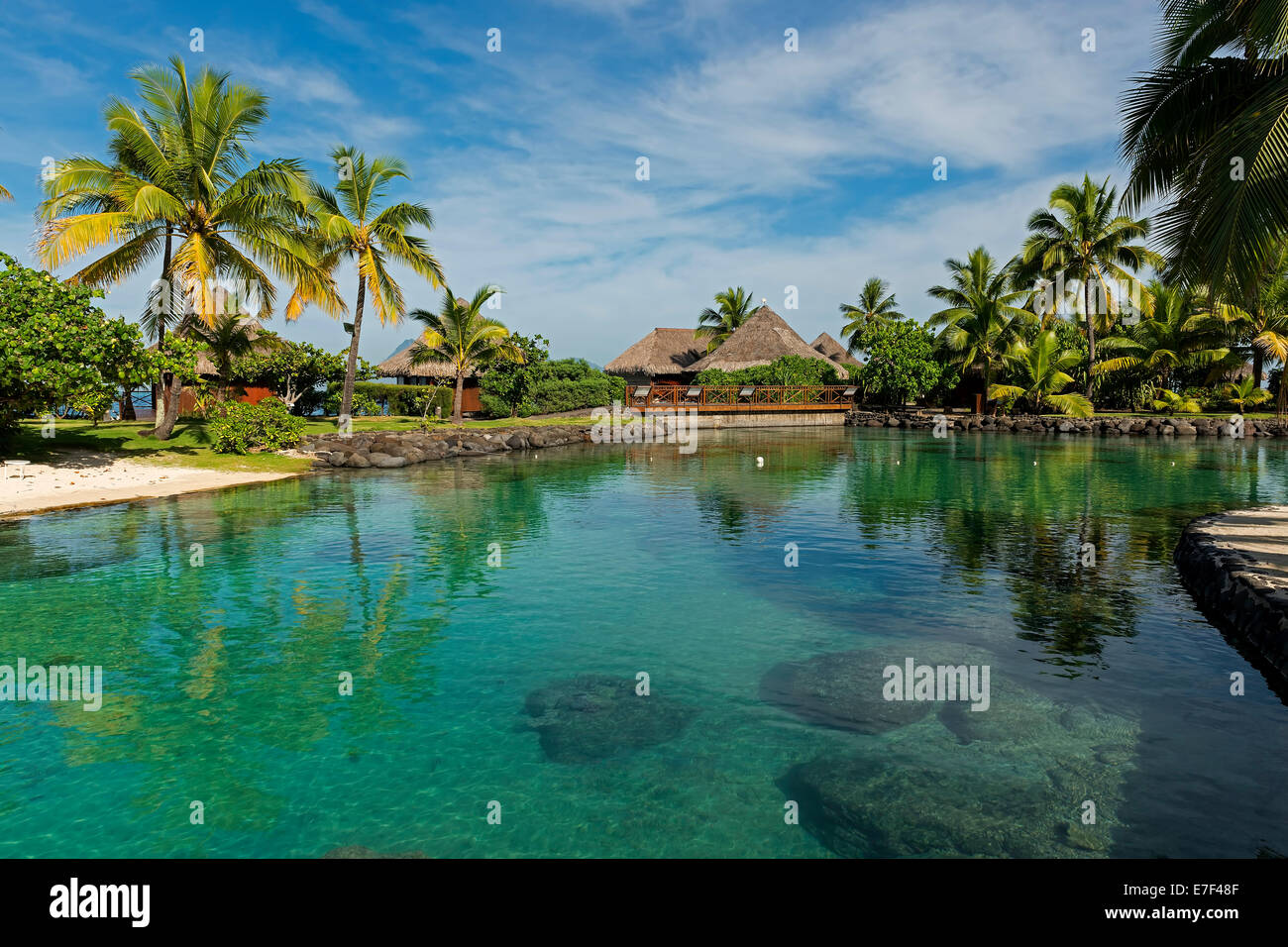 Palm trees and Polynesian Bungalow reflected in the water, Moorea, French Polynesia Stock Photo