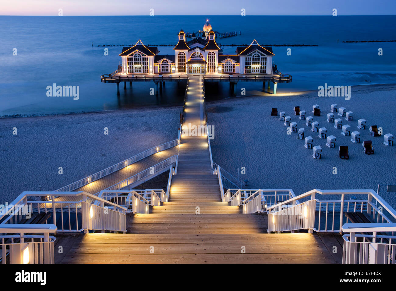 Lighted Sellin Pier, Rügen Island, Mecklenburg-Western Pomerania, Germany Stock Photo