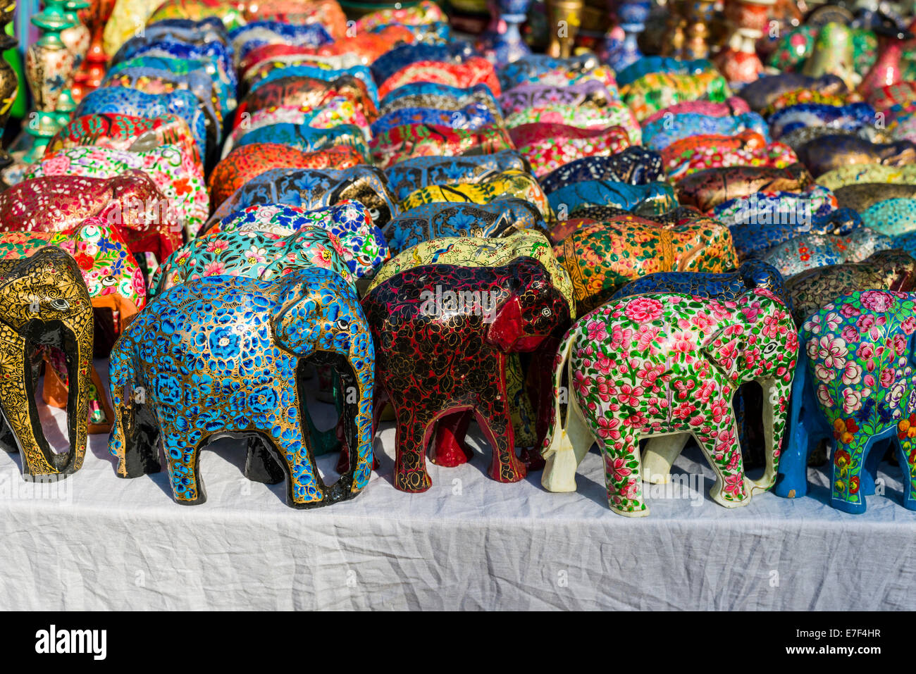 Colourful papier mâché elephants for sale at the weekly flea market ...