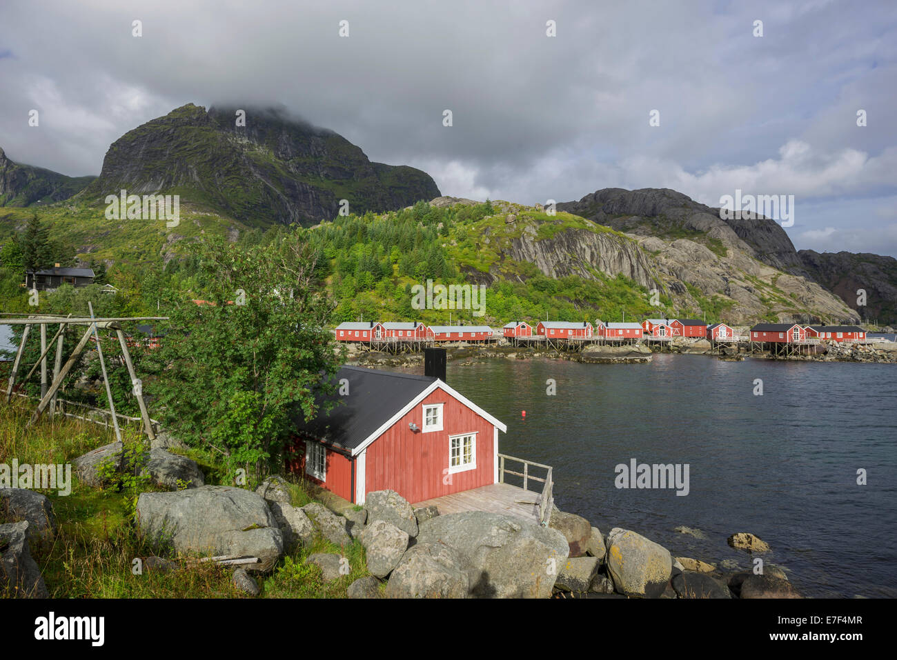 Settlement of Rorbuer fishermen's cabins, Nusfjord, Lofoten, Nordland, Norway Stock Photo