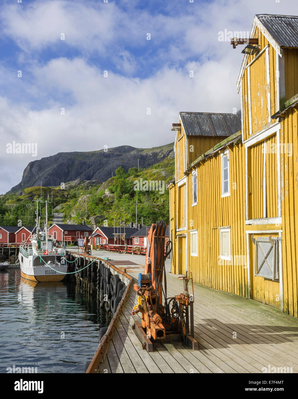 Warehouse and Rorbuer fishermen's cabins in the port of Nusfjord, Lofoten, Nordland, Norway Stock Photo