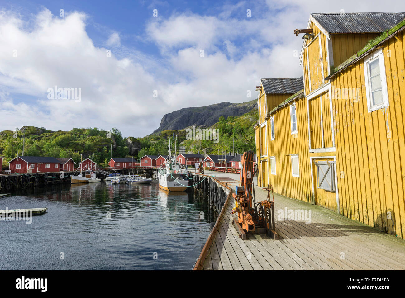 Warehouse and Rorbuer fishermen's cabins in the port of Nusfjord, Lofoten, Nordland, Norway Stock Photo