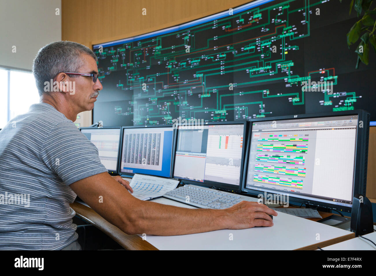 Engineer sitting at his work station in the Transmission Control Center, TCC, of transmission network operator 50Hertz Stock Photo