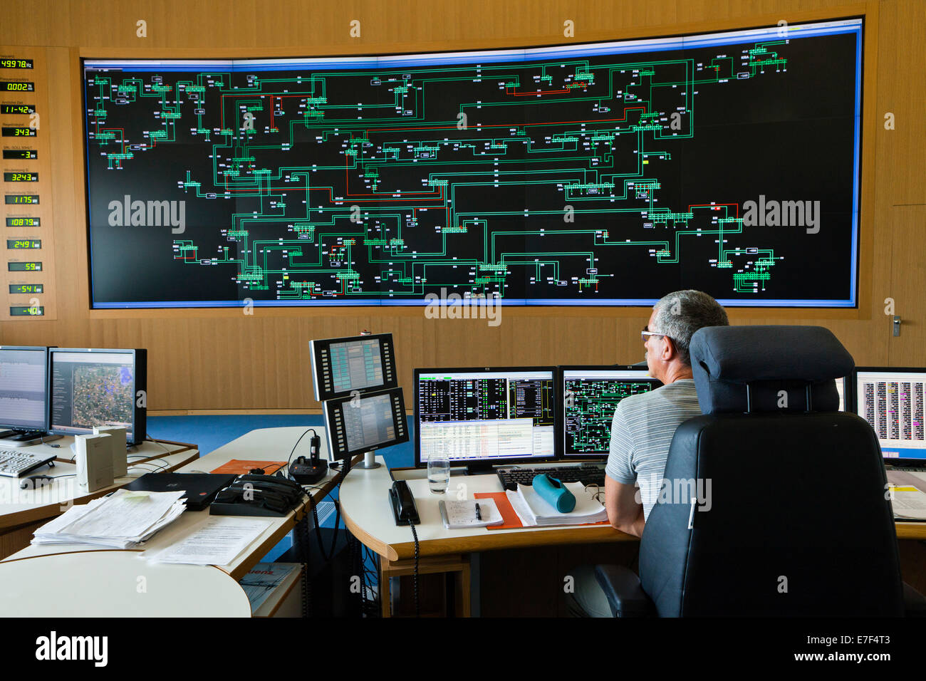 Engineer sitting at his work station in the Transmission Control Center, TCC, of transmission network operator 50Hertz Stock Photo